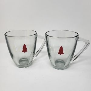 2 Glass Coffee Cups Mugs 16 oz. triangle handle glass Christmas Tree See Thru‎